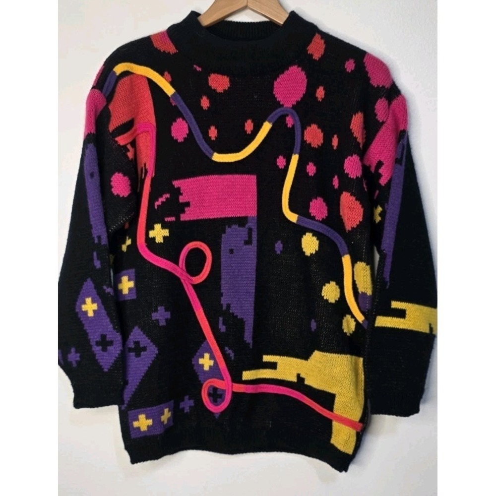 Vintage 80s Jamie Scott Retro Art Wear 3D Knit Sweater S Winter Polka Dot Crew